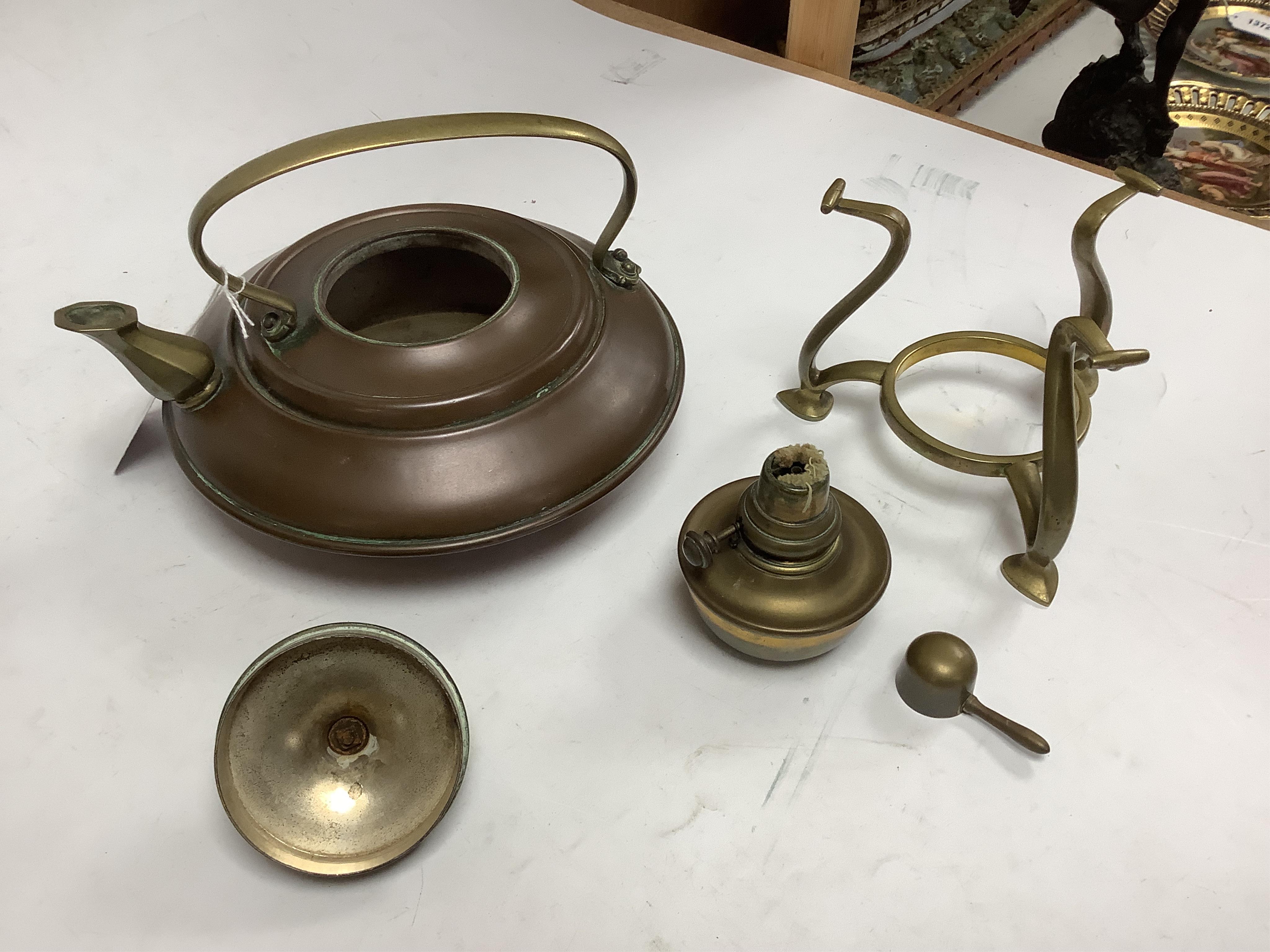 W.A.S Benson, a brass and copper kettle on stand, 23cm total height
